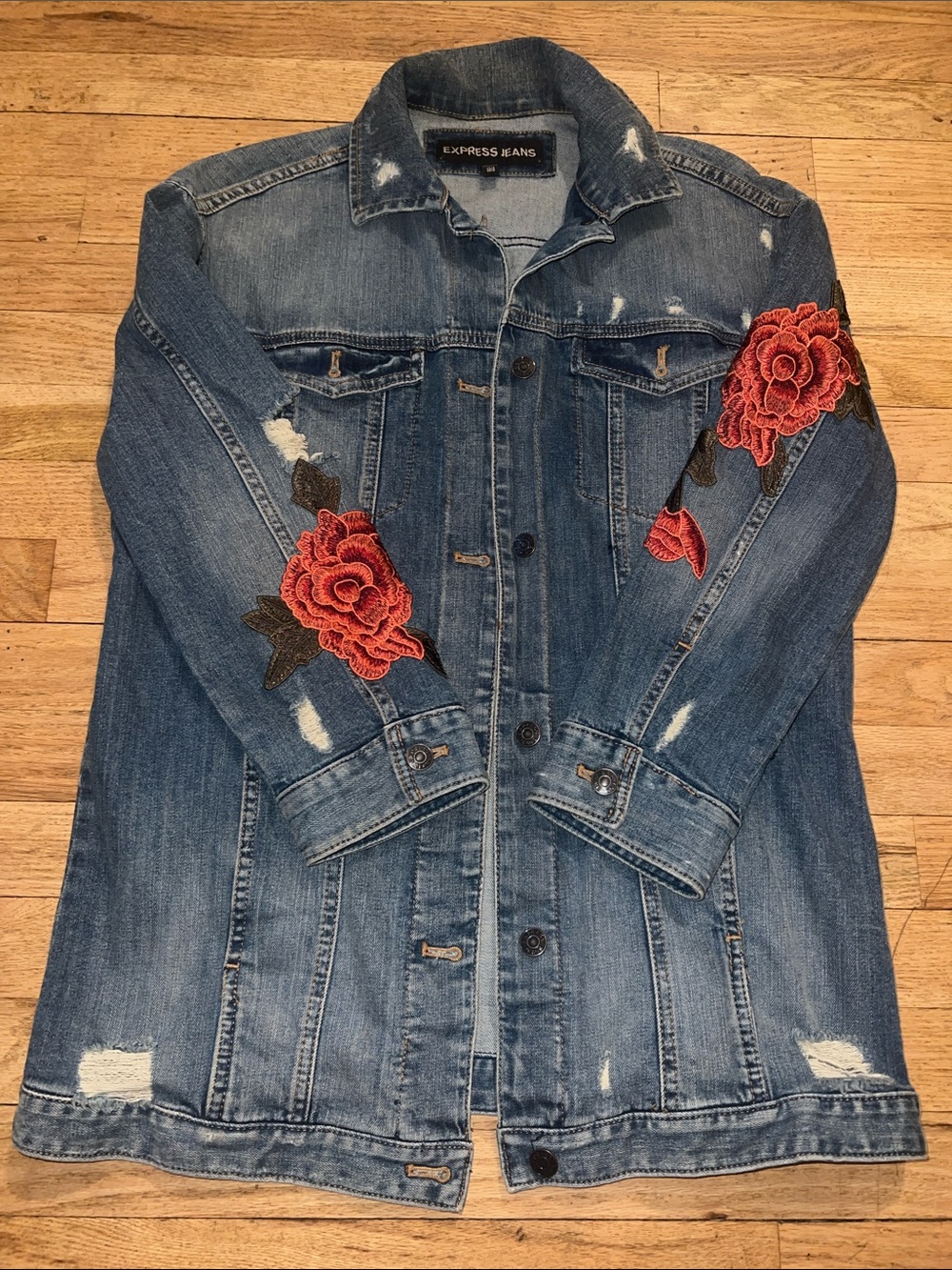 Express Blue Denim Jacket with Red Floral Embroidery